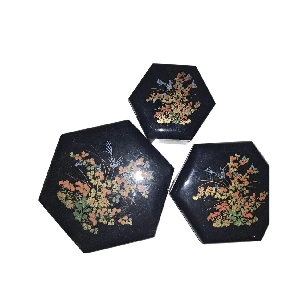 Vintage 80s Made In Hong Kong Nesting Jewelry Black Floral Boxes Trinket Boxes - Picture 1 of 5